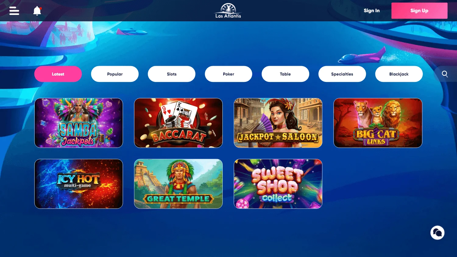 Las Atlantis Casino desktop games area with casino categories