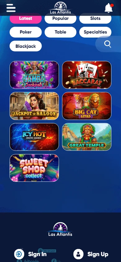Las Atlantis Casino mobile browser games area with casino titles