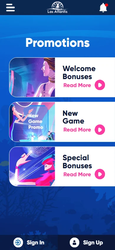 Las Atlantis Casino mobile browser promotions area with available offers