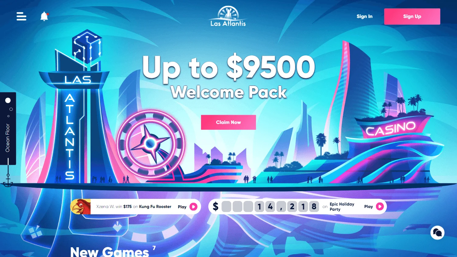Las Atlantis Casino desktop home screen with casino navigation and account features