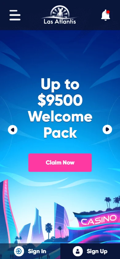 Las Atlantis Casino mobile browser home screen on a smartphone