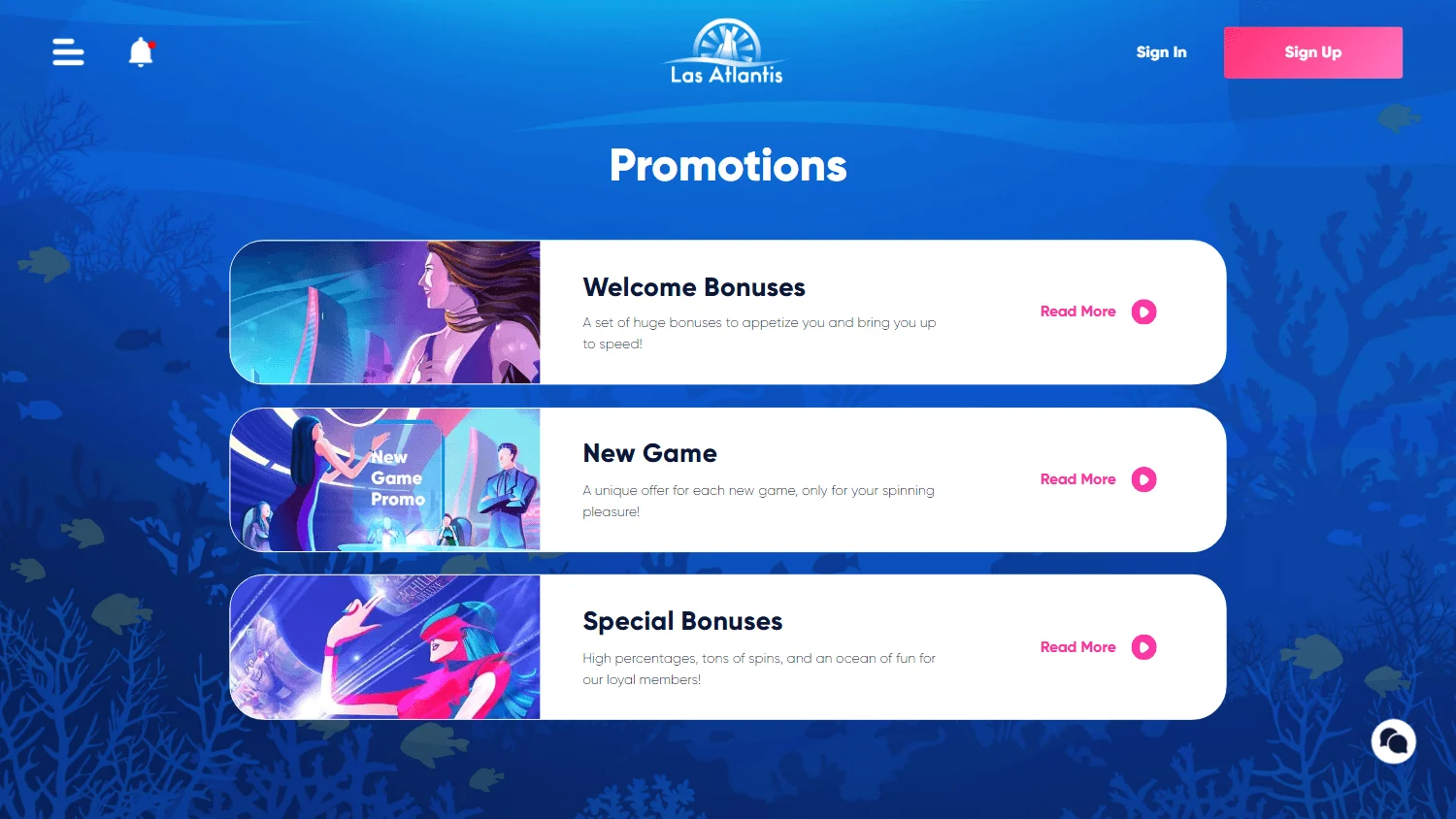 Las Atlantis Casino desktop promotions area with welcome offers and bonus codes